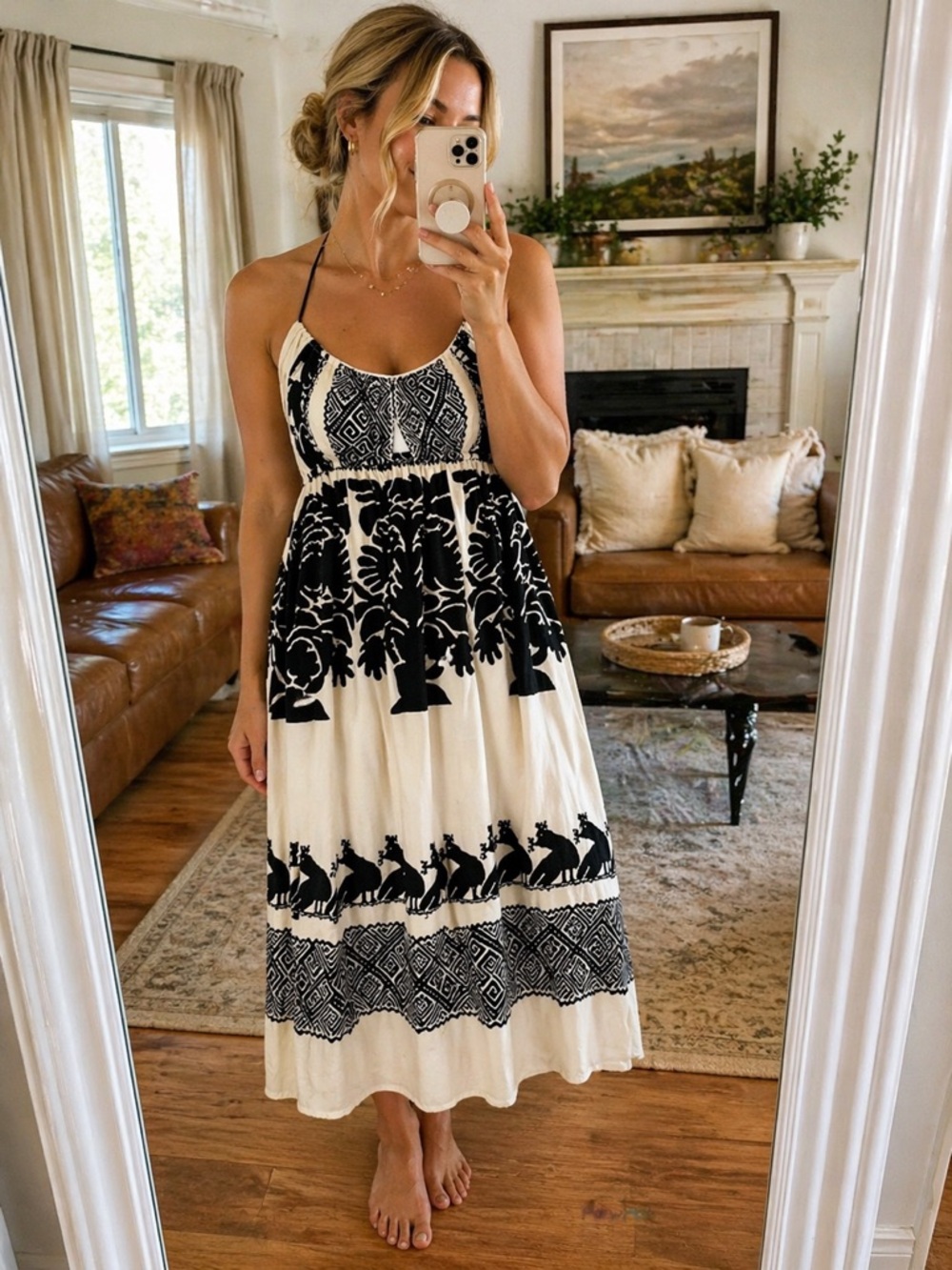 Anthropologie Plenty by Tracy Reese Black and Cream Safari Mini Halter Tie Dress